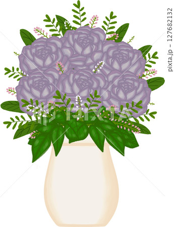 Beautiful idea and style of purple roses mixed flowers and green leaves in the creamy ceramic vase for decorate home or flower shop. 127682132