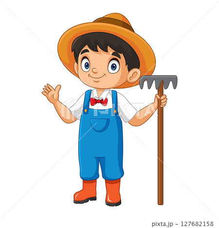 cartoon little boy wearing farmer clothes 127682158