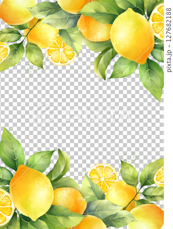 Decorative background with hand drawn lemons and leaves. Summer lemon illustration wreath for text. 127682188