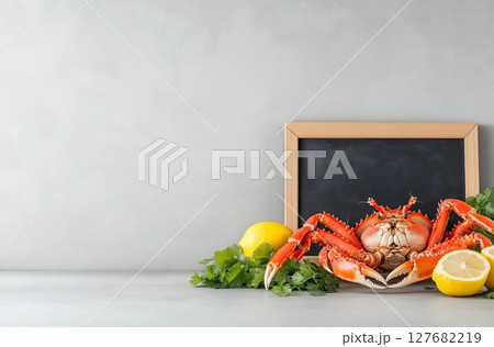 Freshly cooked crab with herbs and lemon on kitchen counter 127682219