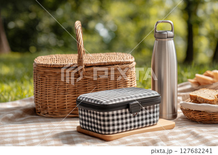 Outdoor picnic setup with checkered lunchbox, thermos and wicker basket 127682241