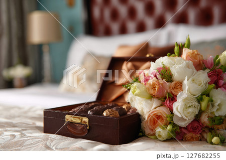 Luxury bouquet and chocolate gift box on bed in romantic hotel room Luxury bouquet and chocolate gift box on bed in romantic hotel room 127682255