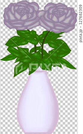 Beautiful idea and style of purple roses with the green leaves in the creamy ceramic vase for decorate home or flower shop. 127682309