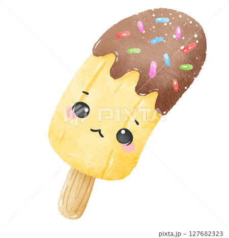 Cute Kawaii banana covered with chocolate with cute face Summer Dessert Illustration with Straw Watercolor Style for Kids Stickers Sublimation Greeting Cards and Digital Planners 127682323