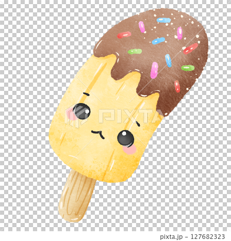 Cute Kawaii banana covered with chocolate with cute face Summer Dessert Illustration with Straw Watercolor Style for Kids Stickers Sublimation Greeting Cards and Digital Planners 127682323