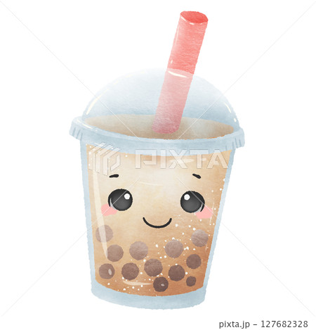 Cute Kawaii Milk Boba tapioca pearl tea with cute face Summer Dessert Illustration with Straw Watercolor Style for Kids Stickers Sublimation Greeting Cards and Digital Planners Cute Kawaii Milk Boba tapioca pearl tea with cute face Summer Dessert Illustration with Straw Watercolor Style for Kids Stickers Sublimation Greeting Cards and Digital Planners 127682328