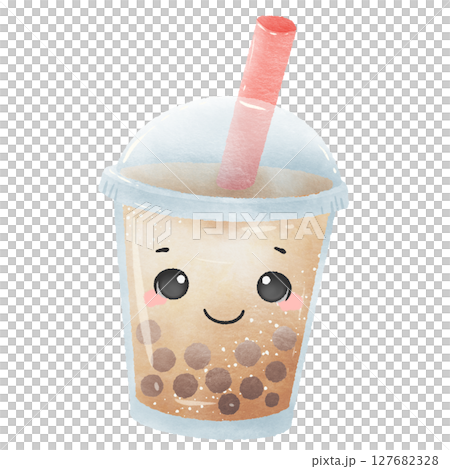 Cute Kawaii Milk Boba tapioca pearl tea with cute face Summer Dessert Illustration with Straw Watercolor Style for Kids Stickers Sublimation Greeting Cards and Digital Planners Cute Kawaii Milk Boba tapioca pearl tea with cute face Summer Dessert Illustration with Straw Watercolor Style for Kids Stickers Sublimation Greeting Cards and Digital Planners 127682328