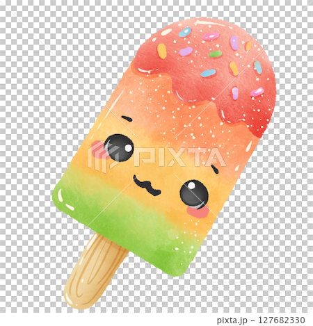 Cute Kawaii Rainbow popsicle with cute face Summer Dessert Illustration with Straw Watercolor Style for Kids Stickers Sublimation Greeting Cards and Digital Planners Cute Kawaii Rainbow popsicle with cute face Summer Dessert Illustration with Straw Watercolor Style for Kids Stickers Sublimation Greeting Cards and Digital Planners 127682330