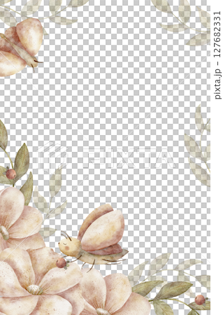 Frame watercolor pink flowers flying butterfly, motel green leaves, illustration peonies, roses hand drawn in children's style on isolated background. Template for holiday postcards posters, packaging 127682331