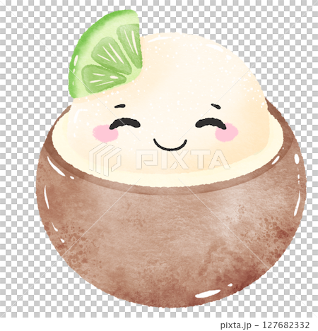 Cute Kawaii Coconut granite sherbet with cute face Summer Dessert Illustration with Straw Watercolor Style for Kids Stickers Sublimation Greeting Cards and Digital Planners Cute Kawaii Coconut granite sherbet with cute face Summer Dessert Illustration with Straw Watercolor Style for Kids Stickers Sublimation Greeting Cards and Digital Planners 127682332