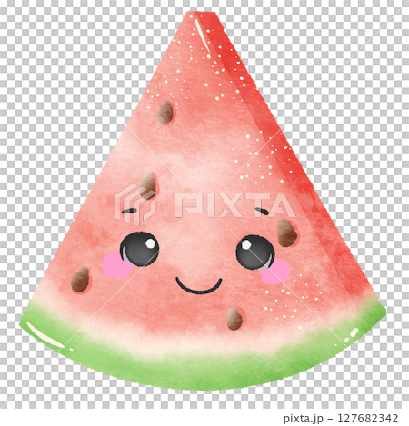 Cute Kawaii a refreshing slice of watermelon with cute face Summer Dessert Illustration with Straw Watercolor Style for Kids Stickers Sublimation Greeting Cards and Digital Planners 127682342