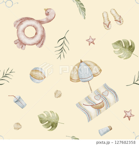 Pattern flamingo pink beach accessories tropical leaves monstera. Seamless watercolor summer print, Illustrations hand drawn yellow background design children's textiles, fabrics, clothes, wallpapers 127682358