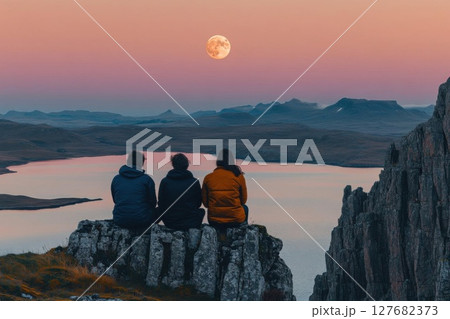 Friends Watch Moon Rise Over Lake in Serene Landscape, Reflecting Together Friends Watch Moon Rise Over Lake in Serene Landscape, Reflecting Together 127682373