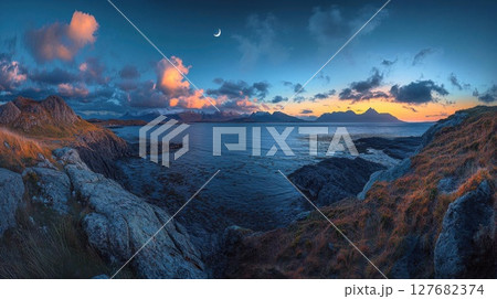 Sea Sunset Twilight Serenity And Coastal Landscape's Beauty With Rock Formations 127682374