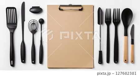 Prepare the Recipe, Kitchen Utensils and a Clipboard for your Culinary Creations 127682381