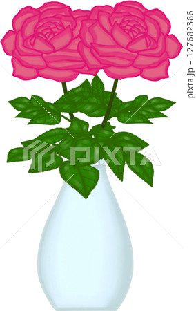 Beautiful idea and style of pink roses with green leaves in the blue ceramic vase for decorate home or flower shop. Beautiful idea and style of pink roses with green leaves in the blue ceramic vase for decorate home or flower shop. 127682386