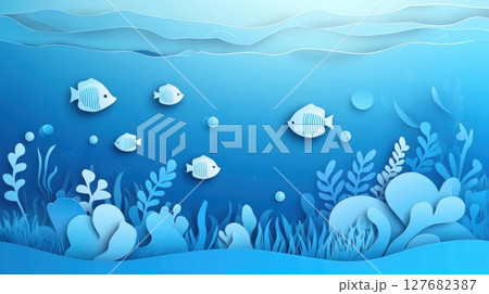 Paper Fish Swim in the Blue Sea with Seaweed, an Ocean Theme Paper Fish Swim in the Blue Sea with Seaweed, an Ocean Theme 127682387