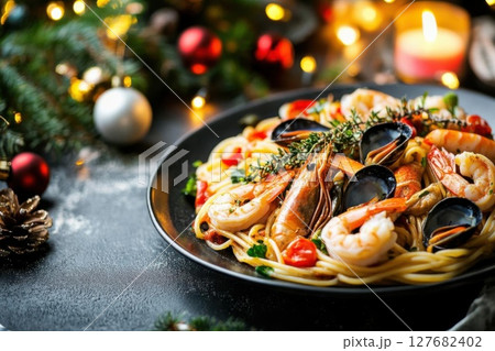 Enjoy Delicious Seafood Pasta At Festive Atmosphere And Culinary Theme Enjoy Delicious Seafood Pasta At Festive Atmosphere And Culinary Theme 127682402