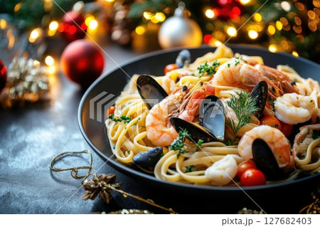 Enjoy Seafood pasta with mussels and shrimps on plate with festive backdrop 127682403