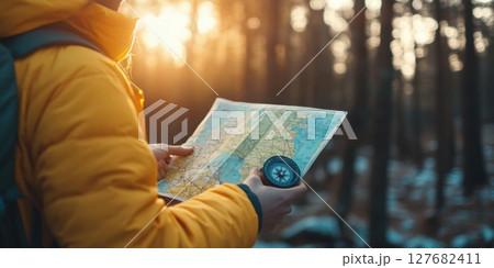 Find direction in nature, reading map with compass in forest and sunlight Find direction in nature, reading map with compass in forest and sunlight 127682411