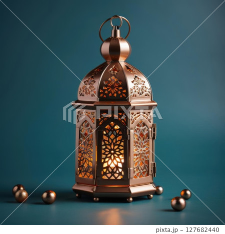 Lantern Illuminates, A Decorative Glow with Metallic Orbs and Elegant Design 127682440