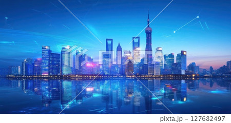 City skyline reflects In blue waters during Night, with city glow Concept 127682497