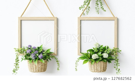 Hanging Frames Adorned With Flower Baskets Creating Rustic Aesthetic Hanging Frames Adorned With Flower Baskets Creating Rustic Aesthetic 127682562
