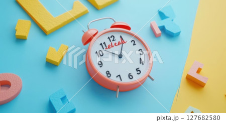 Time Flies with colorful letters and alarm clock on table, Pastel Style Time Flies with colorful letters and alarm clock on table, Pastel Style 127682580