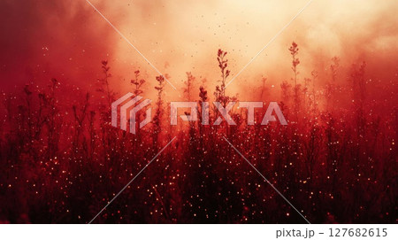 field glows with vibrant crimson under a fiery sky at twilight glow 127682615
