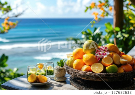 Enjoy Citrus Fruits and Drink at Ocean View and Tropical Vacation Theme 127682638