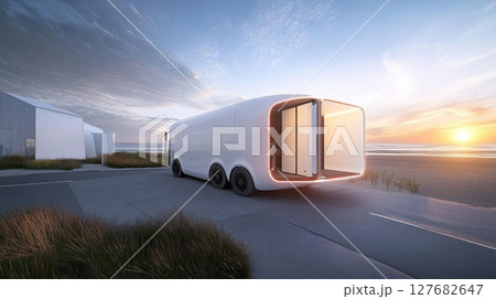 Modern Transportation at Sunset with Futuristic Design and Coastal Scene Modern Transportation at Sunset with Futuristic Design and Coastal Scene 127682647