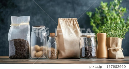 Zero Waste concept with Food storage, using glass jars and plant Zero Waste concept with Food storage, using glass jars and plant 127682660