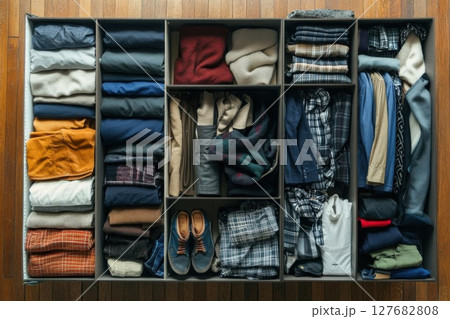 organized clothes in Wooden Shelves show Variety and Wardrobe Simplicity 127682808