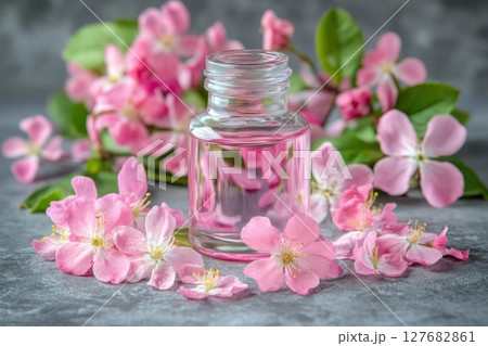 Bottle of Flower Essence Surrounded by Blossoms, Floral Fragrance Theme Bottle of Flower Essence Surrounded by Blossoms, Floral Fragrance Theme 127682861
