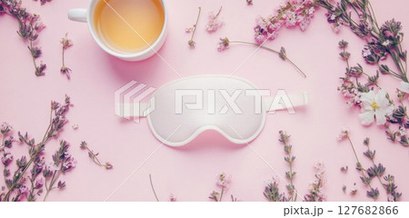 Enjoy Relaxing Time With A Cup Of Tea, With Lavender And Sleep Mask Enjoy Relaxing Time With A Cup Of Tea, With Lavender And Sleep Mask 127682866