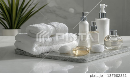 Set up bathroom with fluffy white towels and essential oils, spa concept Set up bathroom with fluffy white towels and essential oils, spa concept 127682881