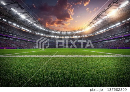 Experience Grandeur in Stadium With Sunset, Spectators Cheer for Victory at Sports field. 127682899