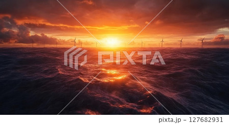 Wind Turbines stretch across ocean during sunset, energy production on the water 127682931