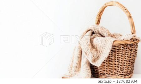Basket With Knitted Throw, Cozy and rustic style, soft and warm Basket With Knitted Throw, Cozy and rustic style, soft and warm 127682934
