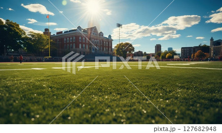 Experience College Game Day at the Stadium with Sunny Skies and Cheering Crowds Experience College Game Day at the Stadium with Sunny Skies and Cheering Crowds 127682948