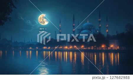 observe structure reflecting in water at twilight, city night scene landscape. 127682988