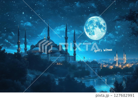 Admire Night Skyline Under Moonlight, with Islamic architecture and twinkling Stars Admire Night Skyline Under Moonlight, with Islamic architecture and twinkling Stars 127682991