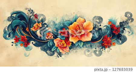 Flowers and Waves Blend to Create an Artistic Display with Decorative Theme Flowers and Waves Blend to Create an Artistic Display with Decorative Theme 127683039