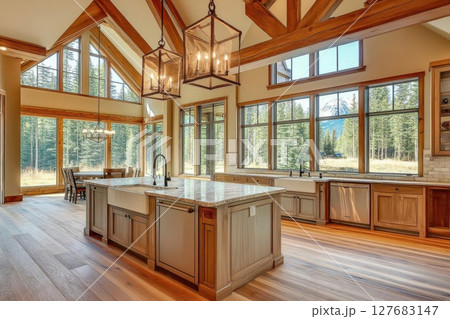 rustic kitchen with mountain views brings nature inside and rustic charm. rustic kitchen with mountain views brings nature inside and rustic charm. 127683147