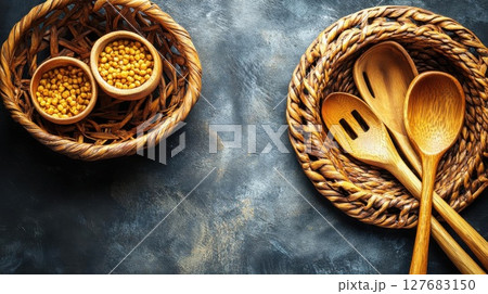 Still Life with Wooden Utensils and Seeds in Rustic Style and Cooking Theme Still Life with Wooden Utensils and Seeds in Rustic Style and Cooking Theme 127683150