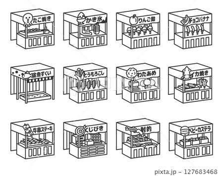 お祭り屋台（線画）のイラストセット 127683468