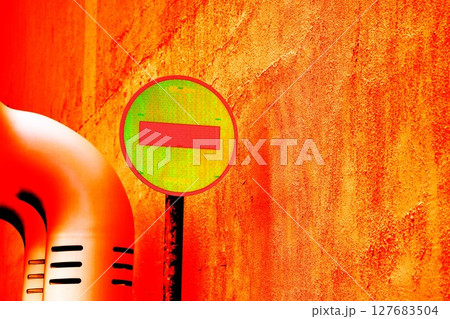 Red traffic sign traffic is prohibited on gray concrete. Movement Prohibition. 127683504