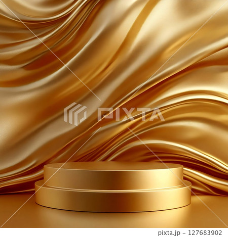 Luxurious Golden Pedestal against Draped Silk Fabric Background for Product Display. Generative AI 127683902