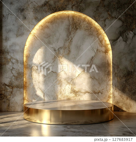 Marble Pedestal with Gold Base and Illuminated Arch on Textured Background. Generative AI 127683917