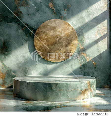 Green Marble Pedestal with Gold Inclusions and Round Background. Generative AI 127683918